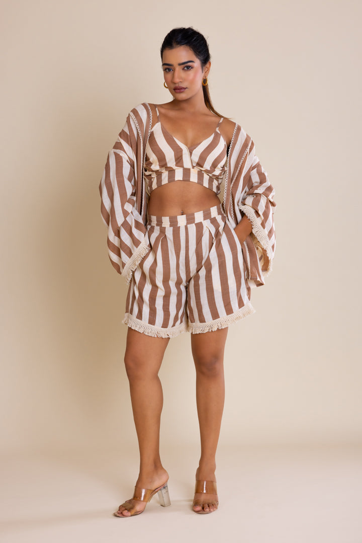 Brown Striped Short Cotton Co-ord Set