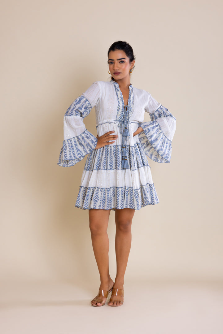 blue and white shell dress White and Blue Shell Print Dress - Linen Mini Dress - Cute Dress