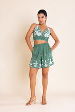 Load image into Gallery viewer, Green And White  Embroidered Boho Co-ord Set
