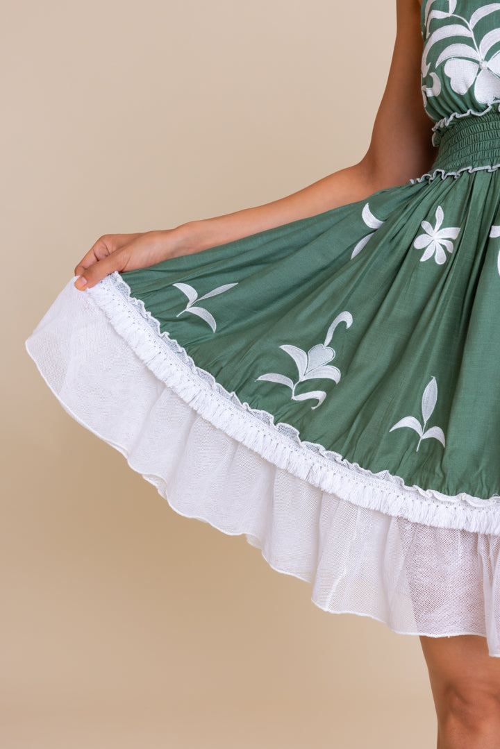 Green And White Embroidered Boho Dress