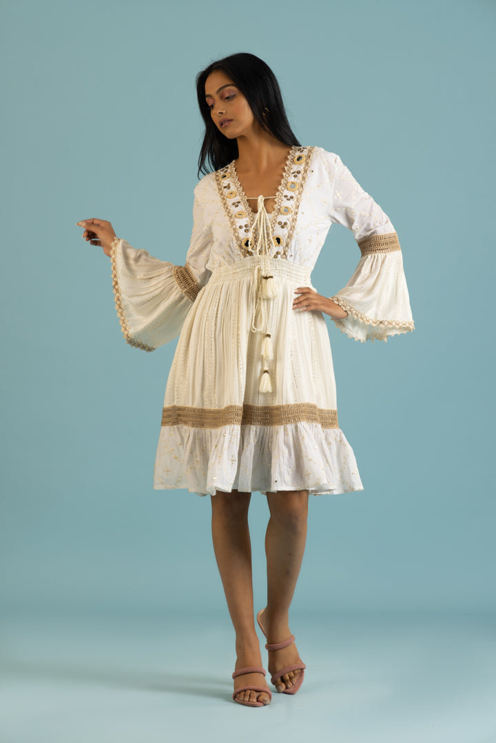 Buy Jute Laced Off-white Dress Embellished with Jute Lace, Miniature Beads  and Mirrors