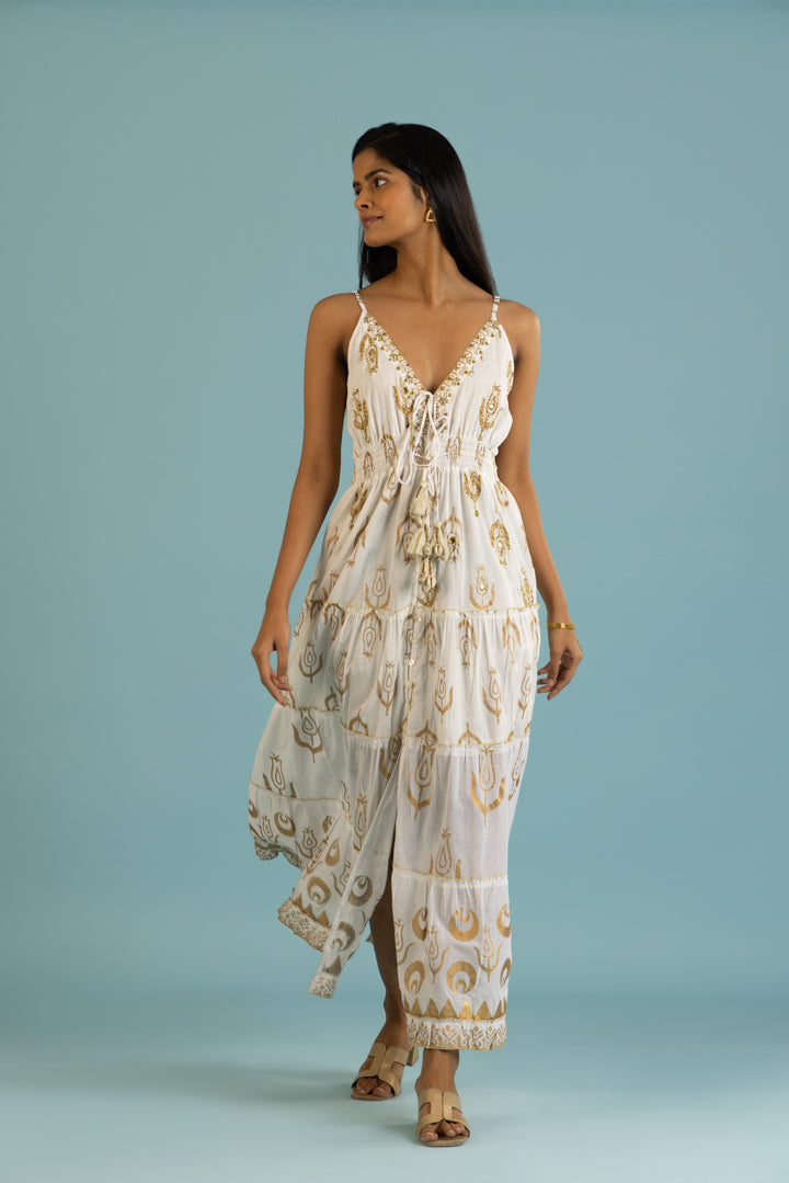 Buy White & Gold Holiday Maxi Dress Online | Boho-chic Strappy Maxi Buy White & Gold Holiday Maxi Dress Online | Boho-chic Strappy Maxi