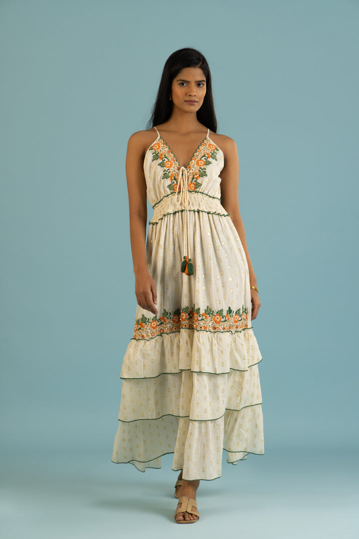 Buy Blue, Pink & Orange Floral Embroidered Summer Maxi Dress Online Buy Blue, Pink & Orange Floral Embroidered Summer Maxi Dress Online