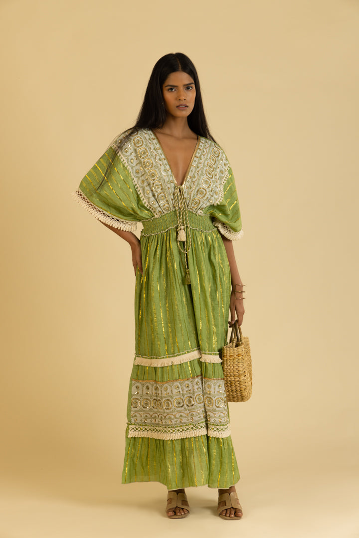 Zoya Laced Boho Green Kaftan-Style Resort Maxi