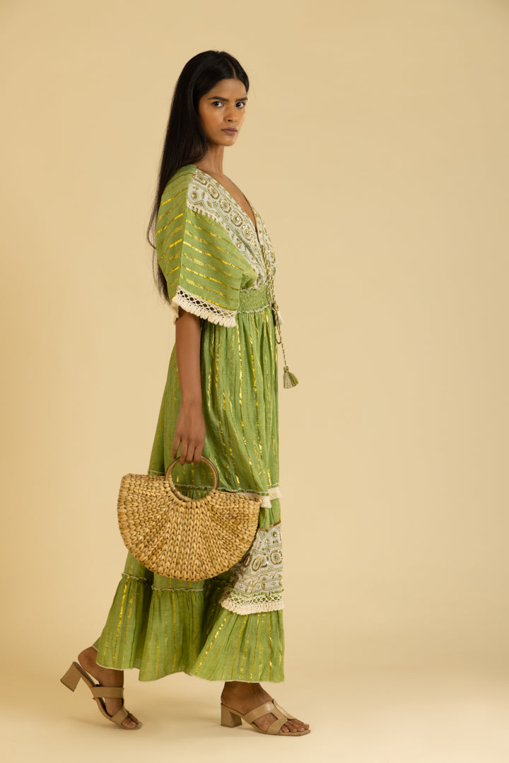 Zoya Laced Boho Green Kaftan-Style Resort Maxi