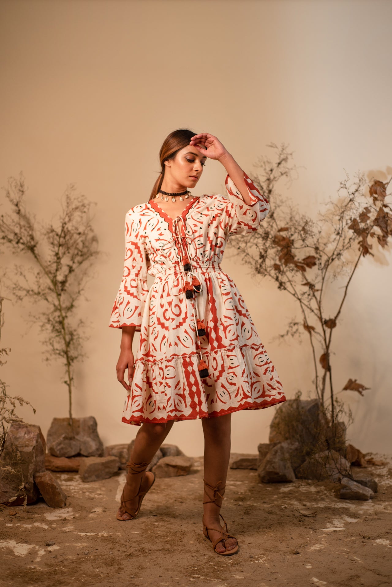 Buy Beige and Rust Tribal Summer Dress Embellished with Mirrors and Beads Buy Beige and Rust Tribal Summer Dress Embellished with Mirrors and Beads