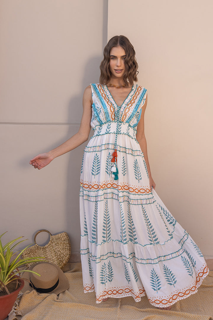 Buy Olive, Brown & Blue Ruffled Resort Maxi Dress Online