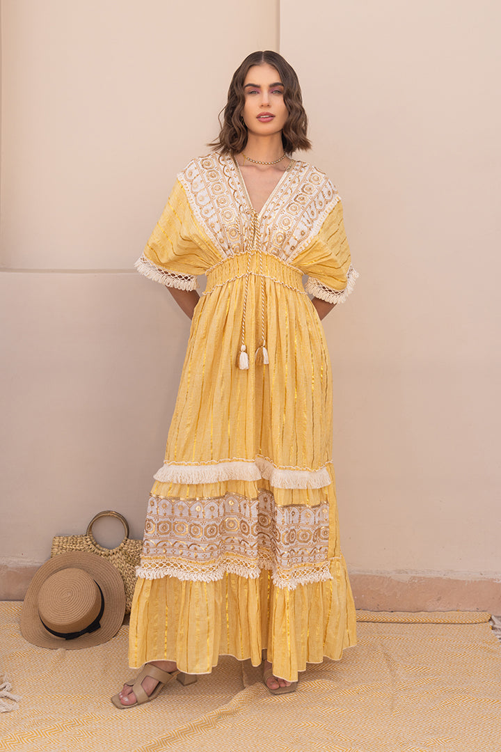 Best Green, Yellow Blue Laced Kaftan- Style Resort Maxi Dress Online - Main Image