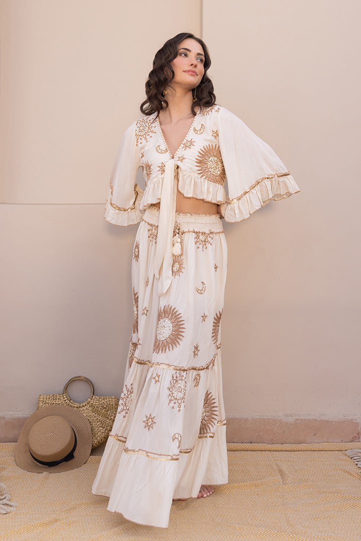 Buy Blue, Black and White Boho Ruffle Blouse Skirt Cord-set Online