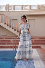 Load image into Gallery viewer, Boho Off-White &amp; Blue Tie-Up Maxi
