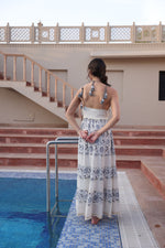 Load image into Gallery viewer, Boho Off-White &amp; Blue Tie-Up Maxi
