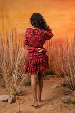 Load image into Gallery viewer, Dark Red Floral Frill Dress - labelreyya
