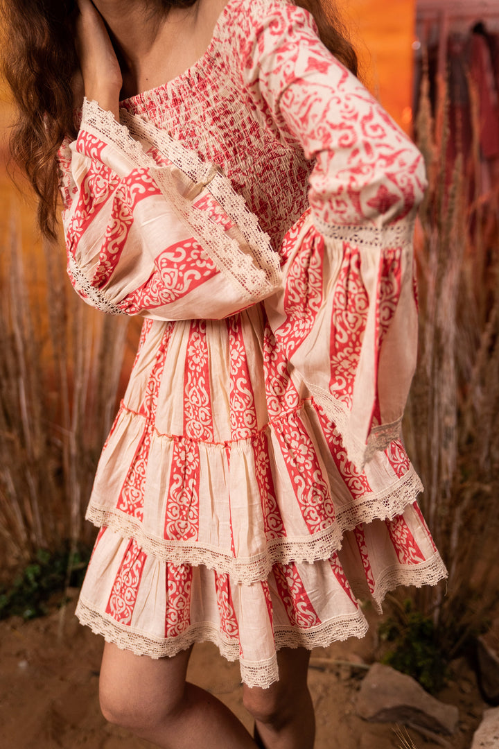 Bright Pink Smocked Lace Dress - labelreyya