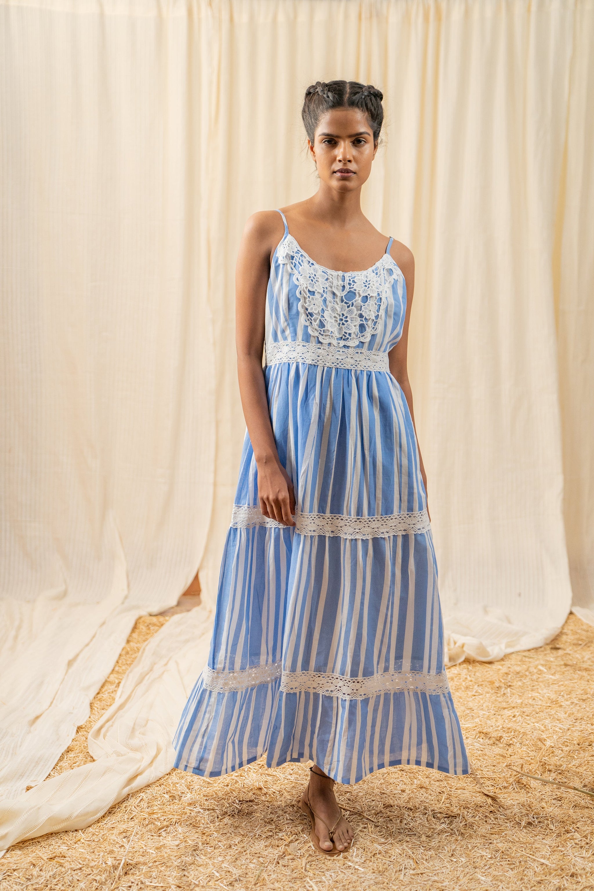 Buy Stripe Blue Lace Maxi Dress