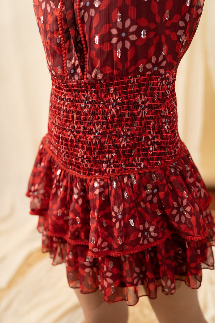 Dark Red Smocked Shirt Dress - labelreyya