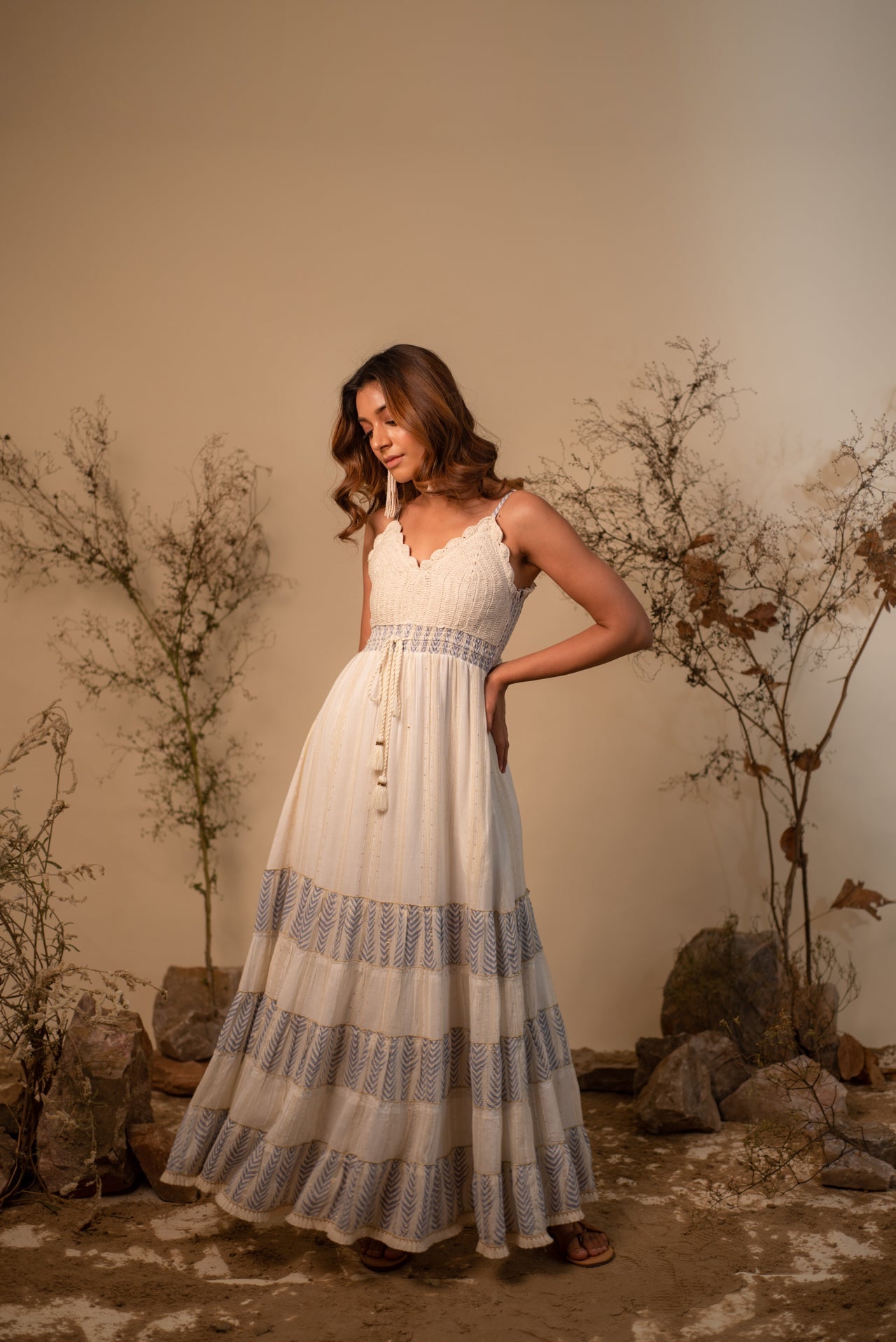 Buy Blue and White Crochet Strappy Dress Embellished with Fringes