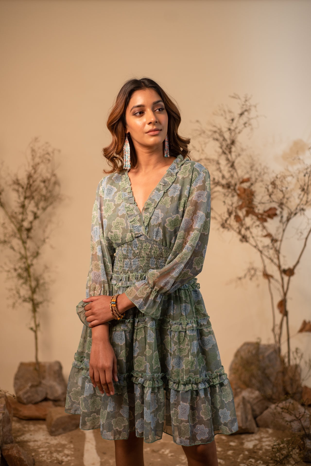 Floral Sage Green Printed Ruffle Dress