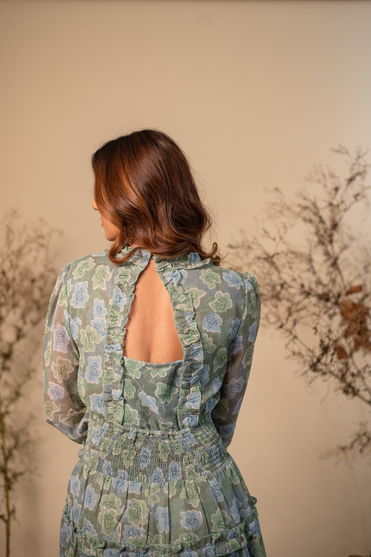 Floral Sage Green Printed Ruffle Dress