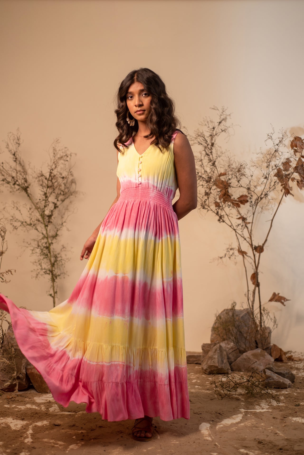 Buy Tie-Dye Tiered Summer Boho Maxi with Tier Panels at Hem
