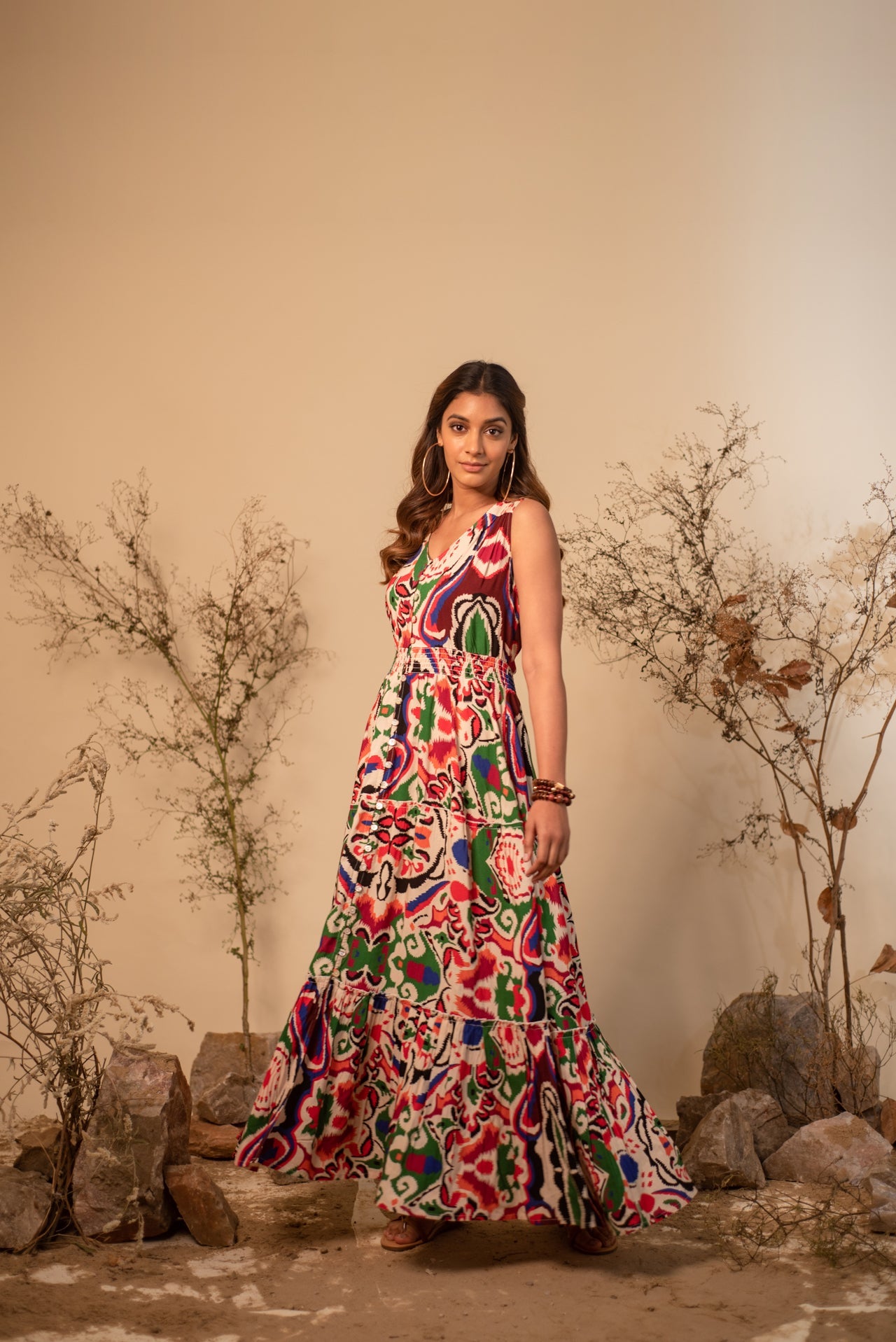 chinese dress ladies Buy Mosaic Printed Tiered Dress with Side Pockets and Tiered Panels