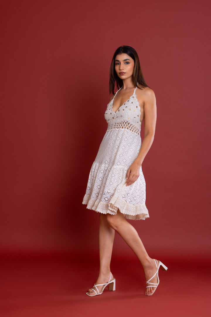 Designer White Sleeveless High Neck V-Back Crochet A Line Dress