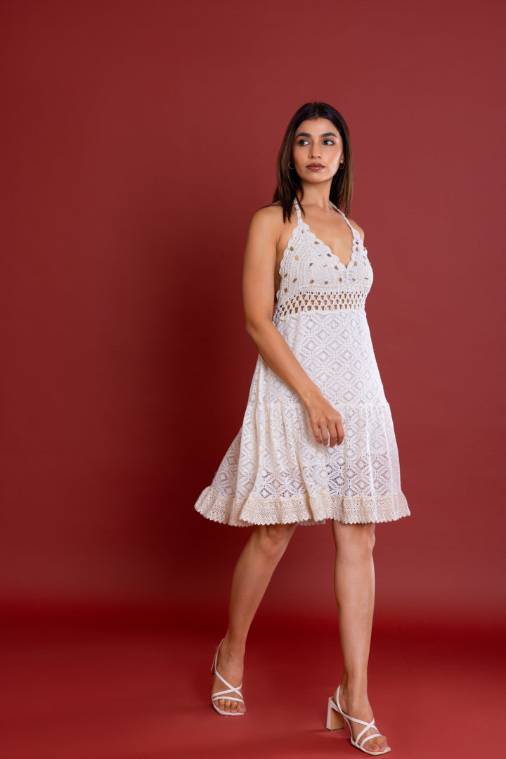 Off-White V-neck Crochet Dress