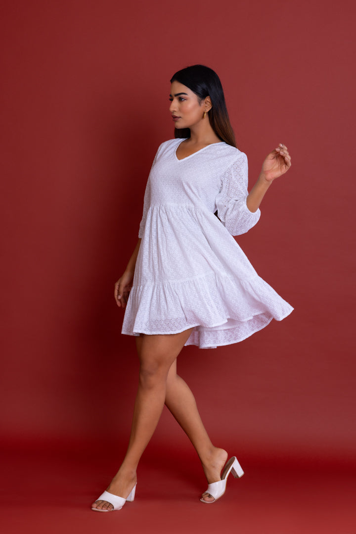 Off-white Schiffli V-neck  Dress