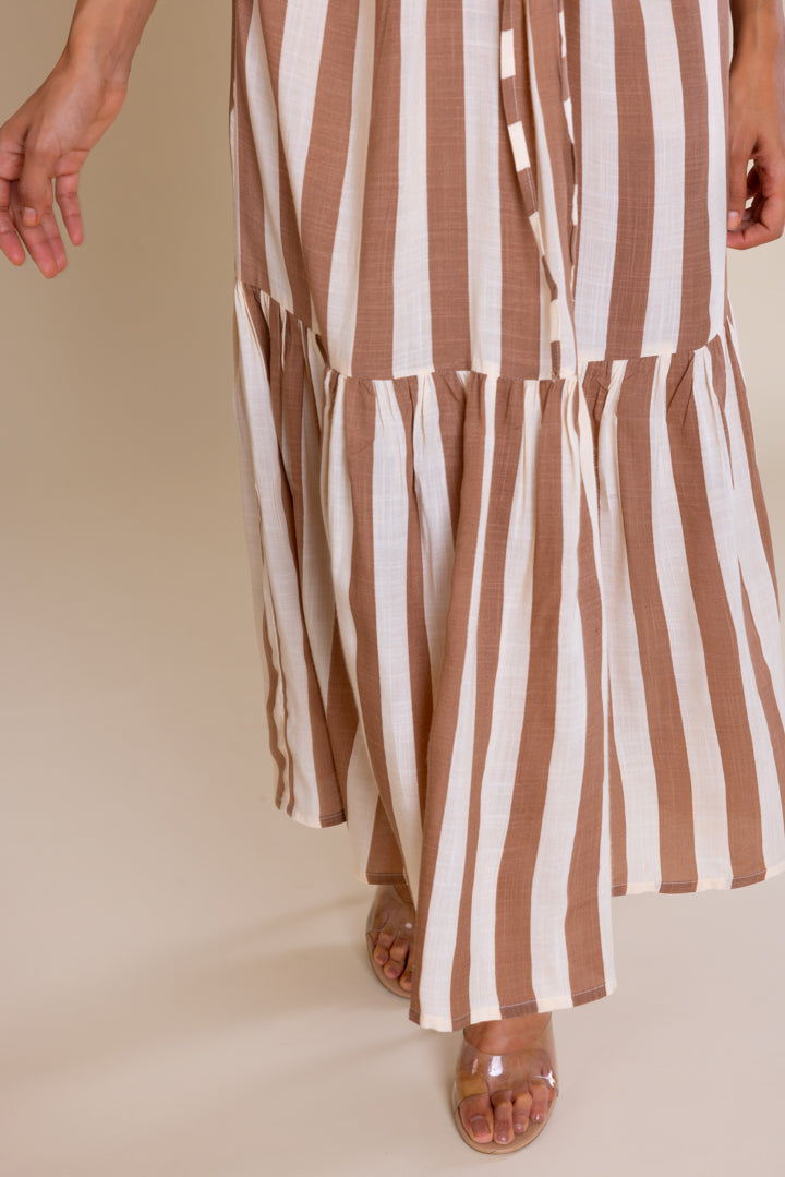 Brown Striped Cotton Maxi Dress