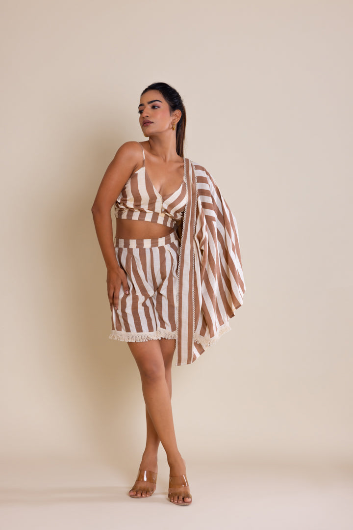 Brown Striped Short Cotton Co-ord Set