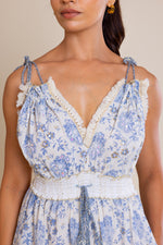 Load image into Gallery viewer, Boho Off-White &amp; Blue Tie-Up Maxi
