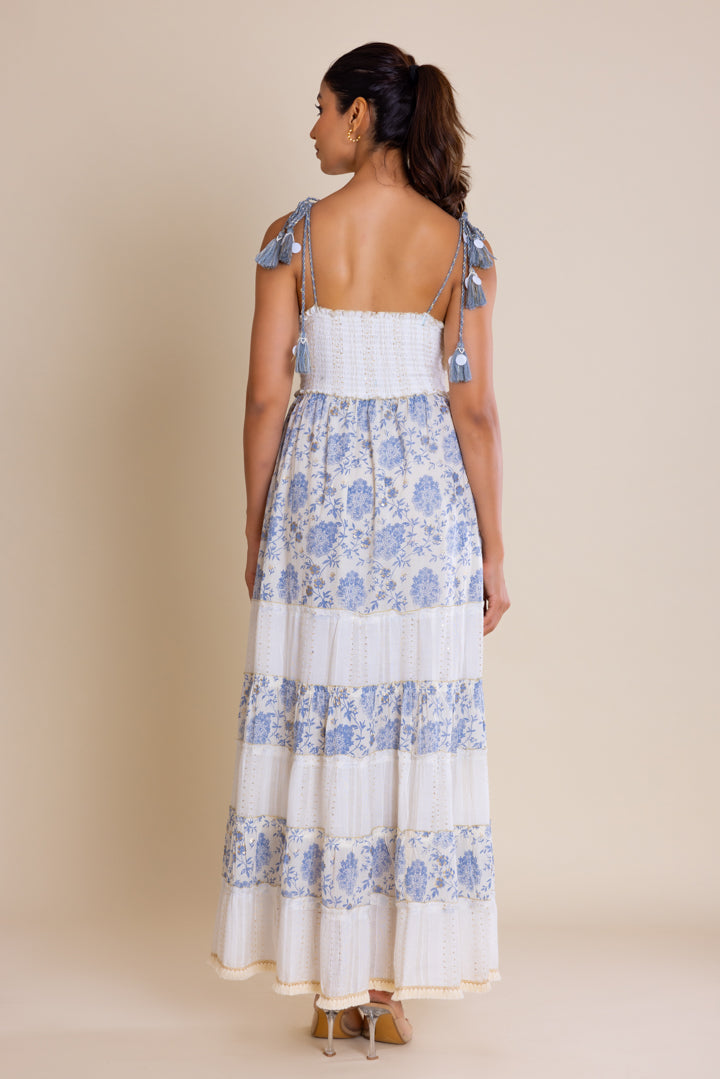 Boho Off-White & Blue Tie-Up Maxi