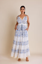 Load image into Gallery viewer, Boho Off-White &amp; Blue Tie-Up Maxi
