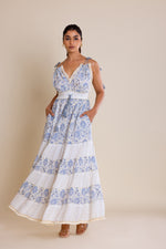 Load image into Gallery viewer, Boho Off-White &amp; Blue Tie-Up Maxi