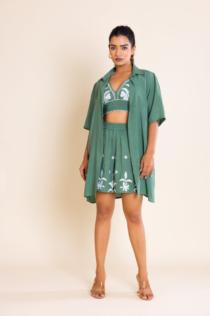 Green And White  Embroidered Boho Co-ord Set