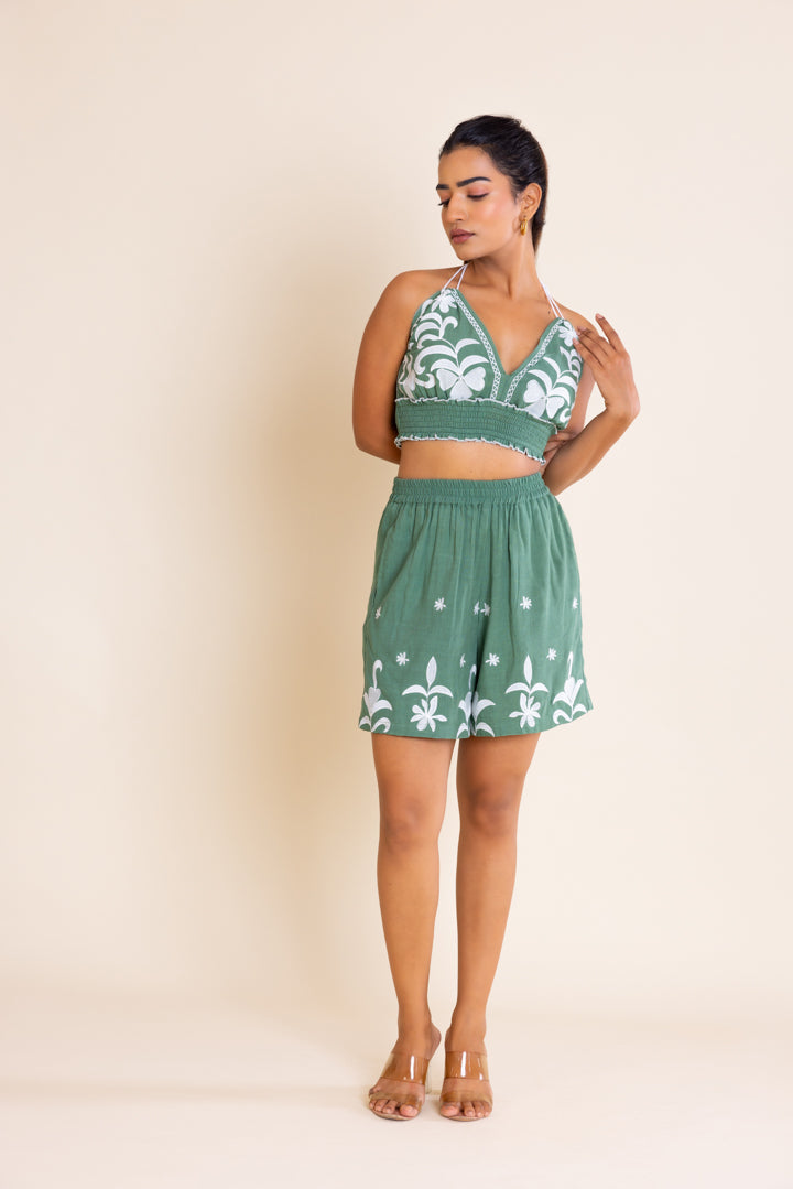 Green And White  Embroidered Boho Co-ord Set