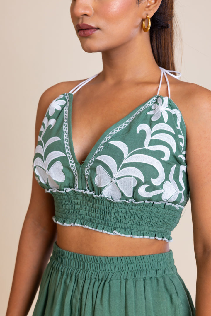 Green And White  Embroidered Boho Top