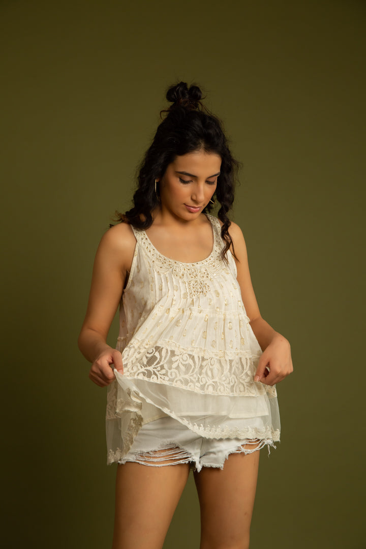 The Sicily Off White Net Embroidery Top