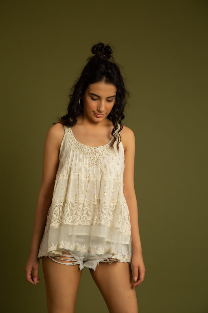 The Sicily Off White Net Embroidery Top