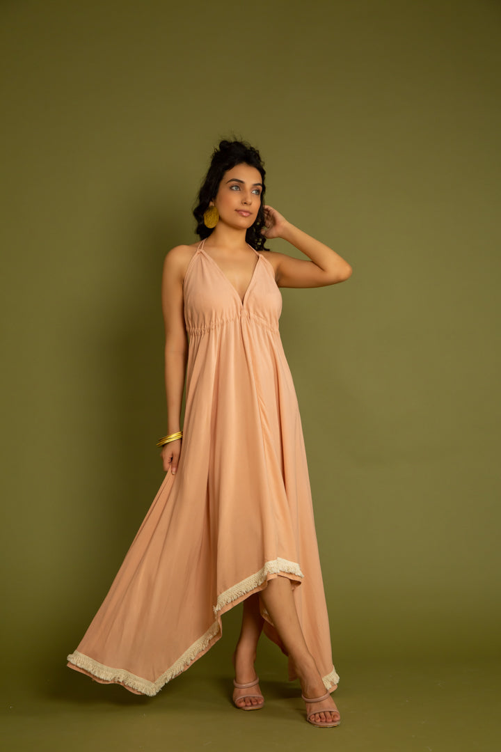 The Tenerife Peach & Sage Green v Neck Backless Maxi