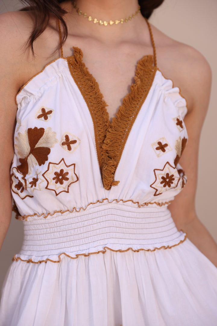 White Chain Embroidered Boho Dress