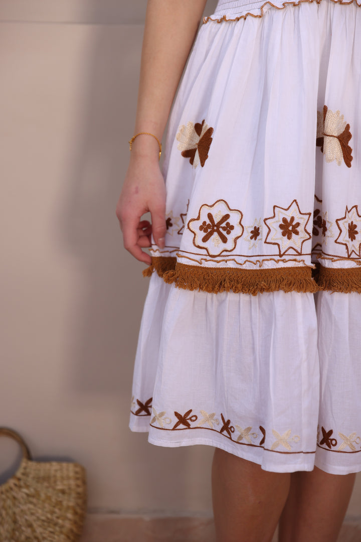 White Chain Embroidered Boho Dress