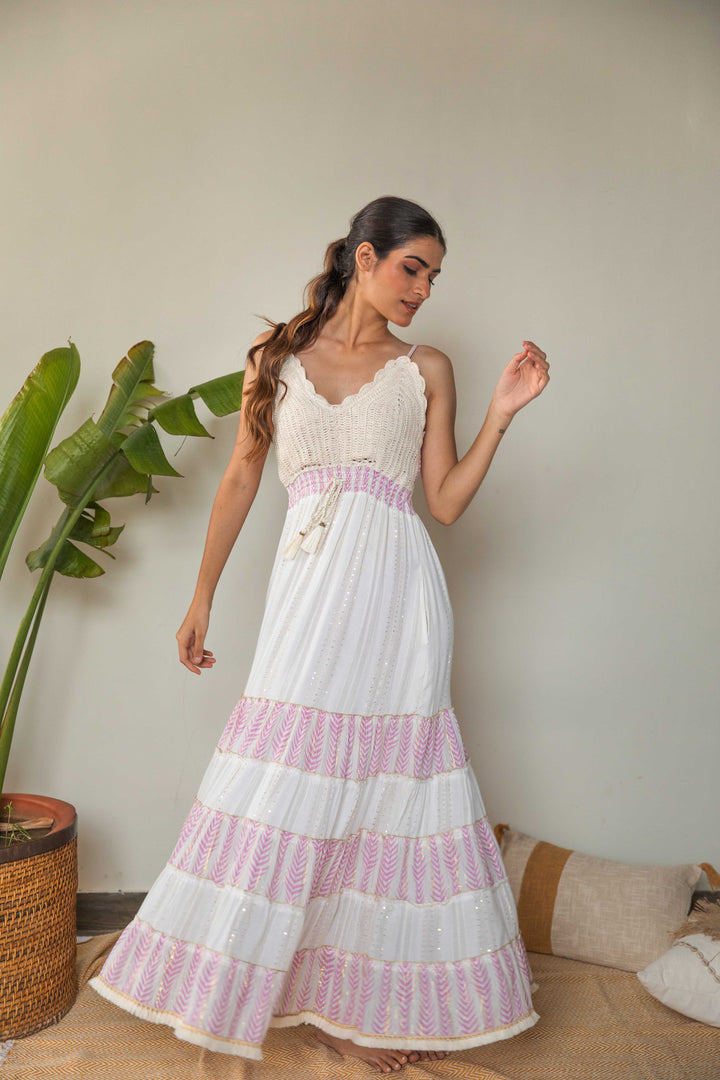 White Crochet Strappy Dress | Blue & Pink