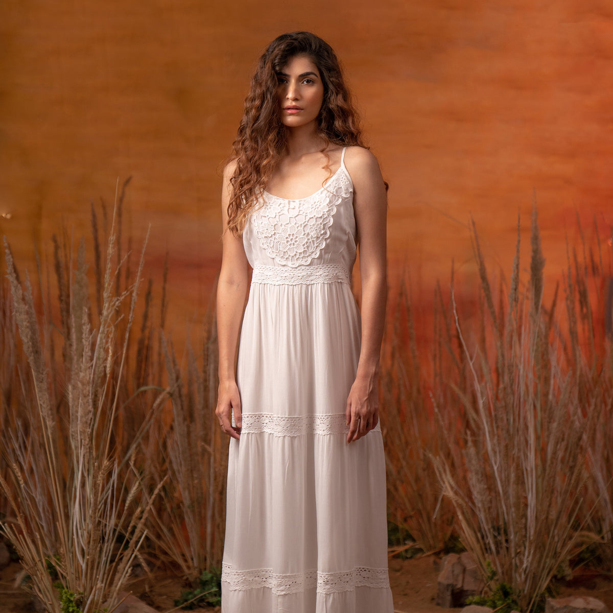 Buy White Boho Summer Maxi Dress Embellished with Lace on the Front Yoke