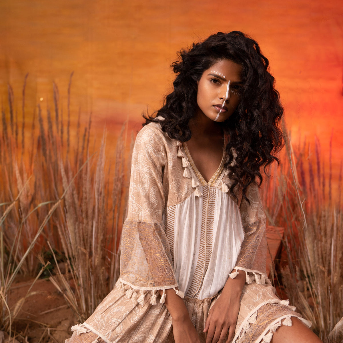Buy Afro Beige and White Boho Mini Dress