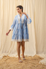 Load image into Gallery viewer, Stripe Blue Lace Shirt Dress - labelreyya
