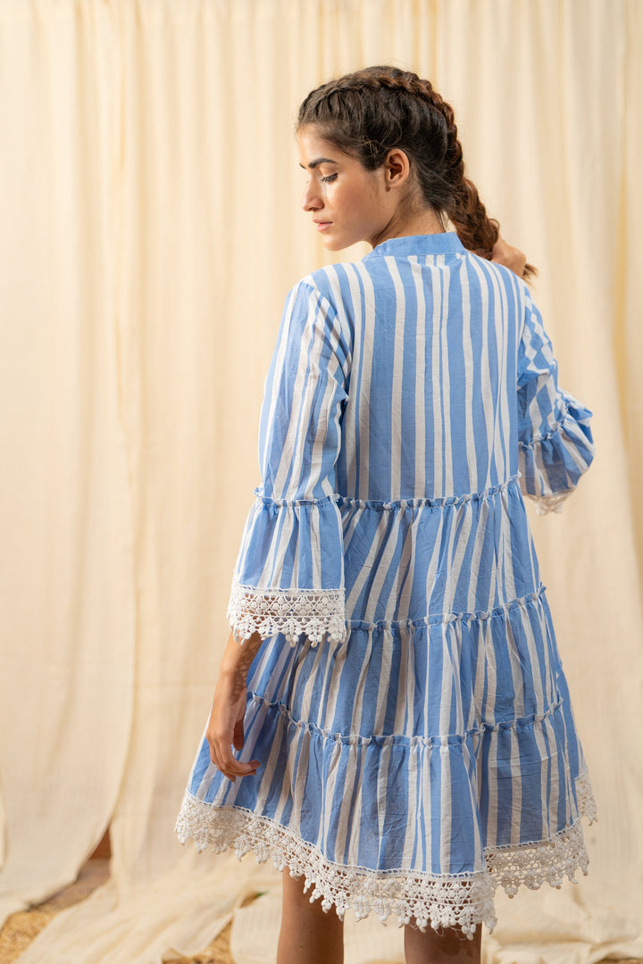 Stripe Blue Lace Shirt Dress - labelreyya