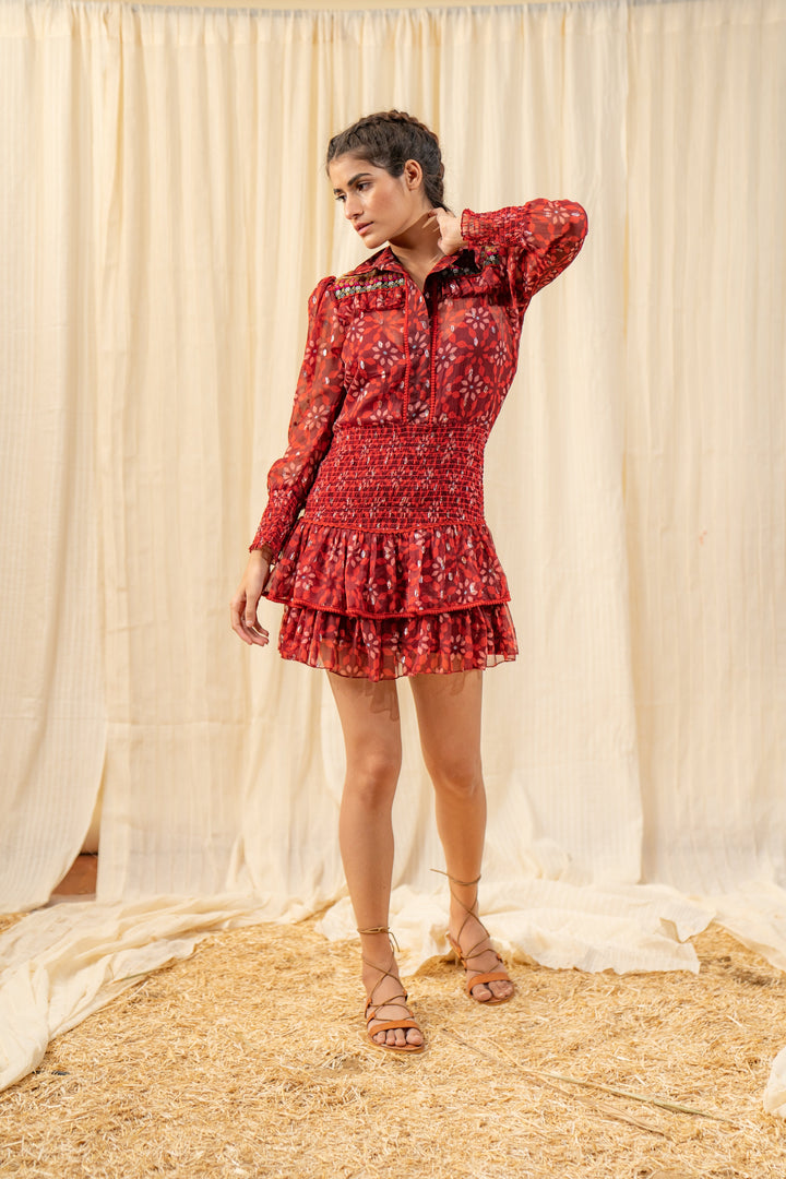 Dark Red Smocked Shirt Dress - labelreyya