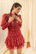 Load image into Gallery viewer, Dark Red Smocked Shirt Dress - labelreyya
