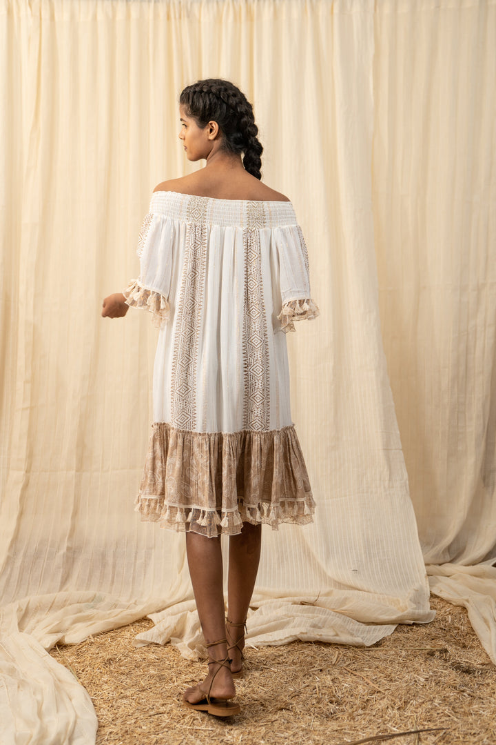 Afro Beige And White Smocked Dress - labelreyya