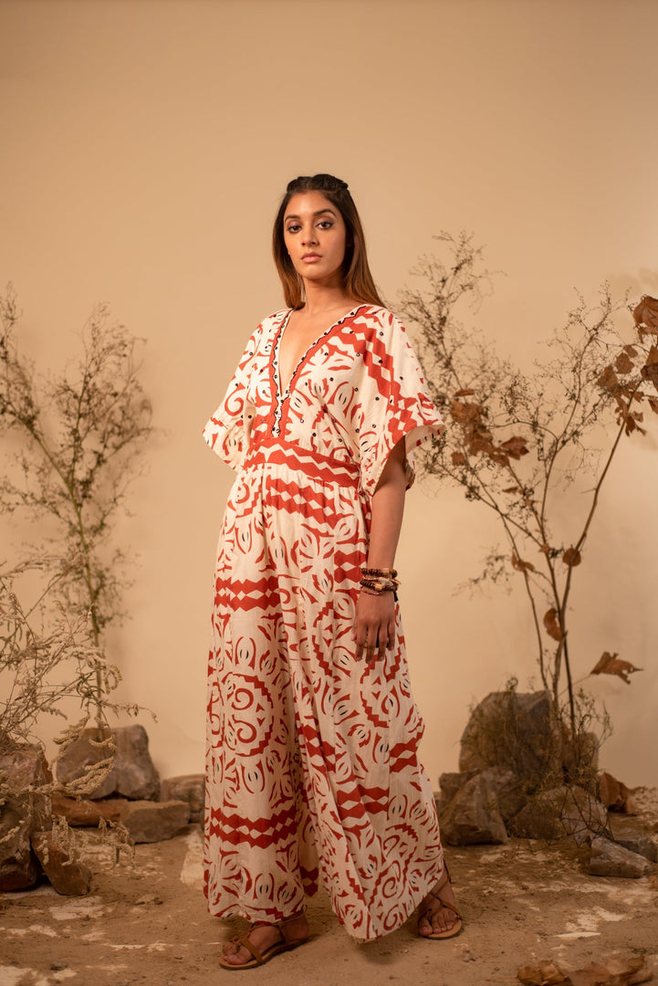 Beige And Rust Tribal Jumpsuit